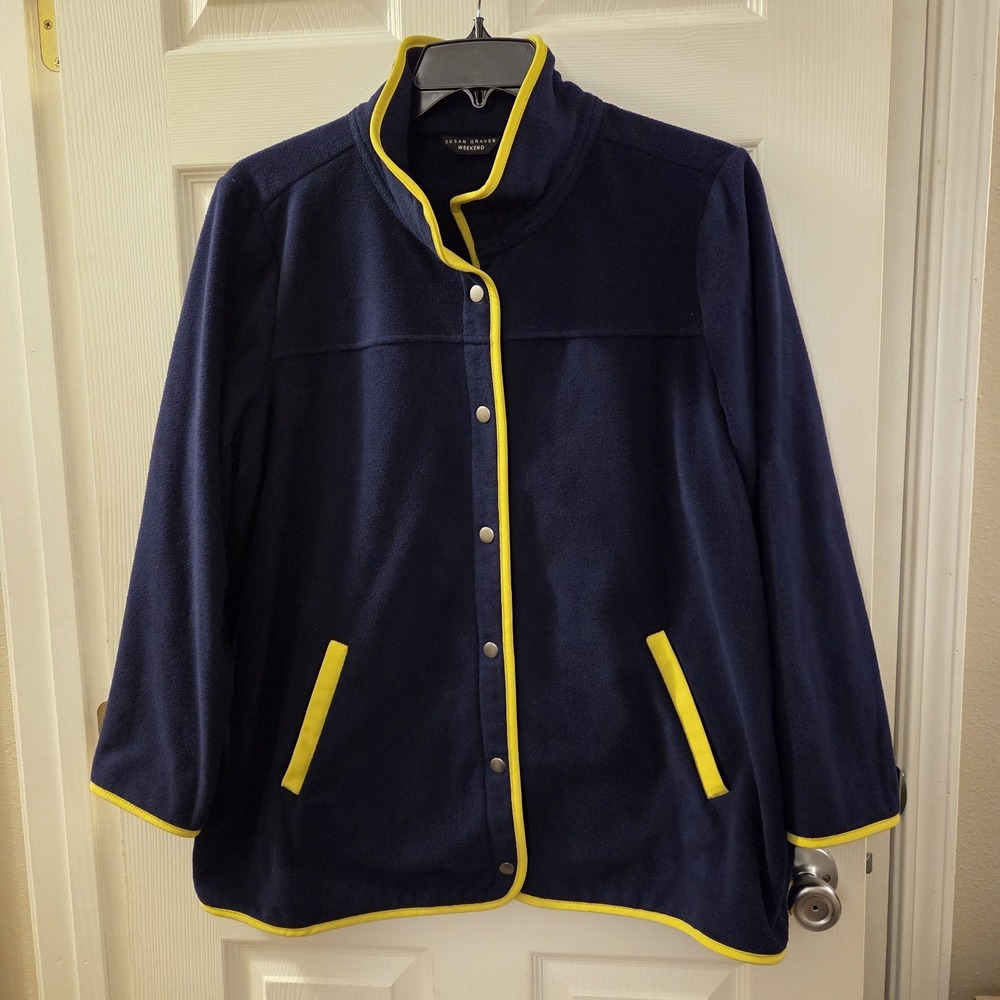 Susan Graver Weekend sz 1X blue fleece button up jacket casual cozy everyday